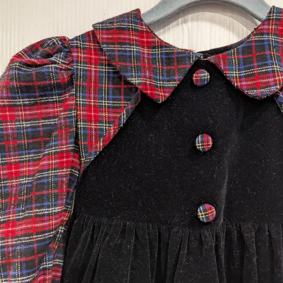 VINTAGE Jo Lene girls red plaid & black velvet holiday Christmas dress - Picture 5 of 11